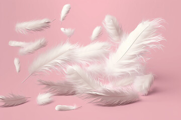 Fluffy white feathers falling on pink background. AI Generative