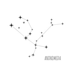 Constellation Andromeda scheme in starry sky. Doodle, sketch, linear icons of all 88 constellations on white background