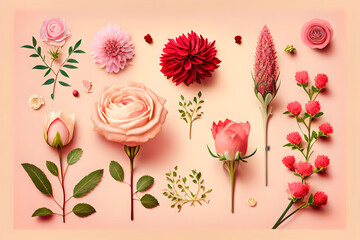 Flat lay Illustration concept red roses flower, on the pastel 
pink background, 3D beautyful flowers are blooming, 
Valentine’s day, Romance love, realistic, Generative Ai