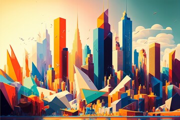 An abstract painting of a city skyline with bright colors