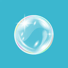 Rainbow glossy soap bubble. Realistic transparent 3d vector sphere.