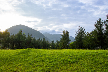 A view of mountains and trees from residential area, after some edits.