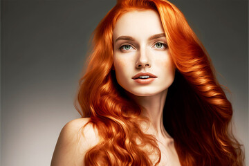 Obraz premium woman beautiful red hair, hair dye, colorimetry, hair coloring, skin care, cosmetics, beauty treatments, long shiny hair, thumbnail, shampoo, generative ai