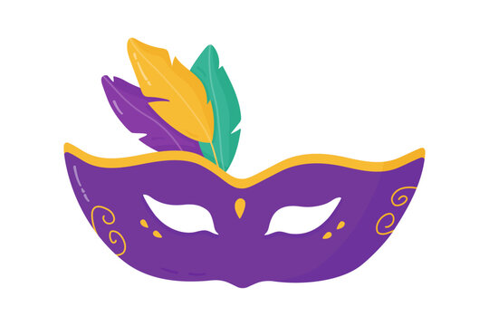 Mardi Gras carnival mask with feathers in flat style. Festive element for holiday. Vector, png on transparent background
