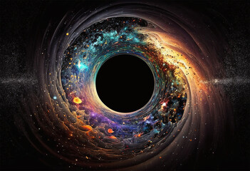 A black hole with a glowing constellation of various colors revolves around a black hole in the universe	