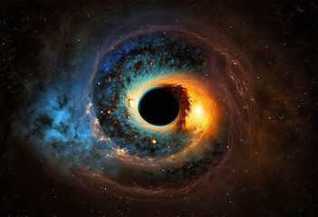 A black hole with a glowing constellation of various colors revolves around a black hole in the universe	
