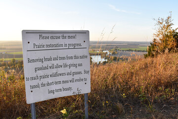 Sign for prairie restoration on the bluffs on the Salt Lick Hiking Trail Southern Illinois
