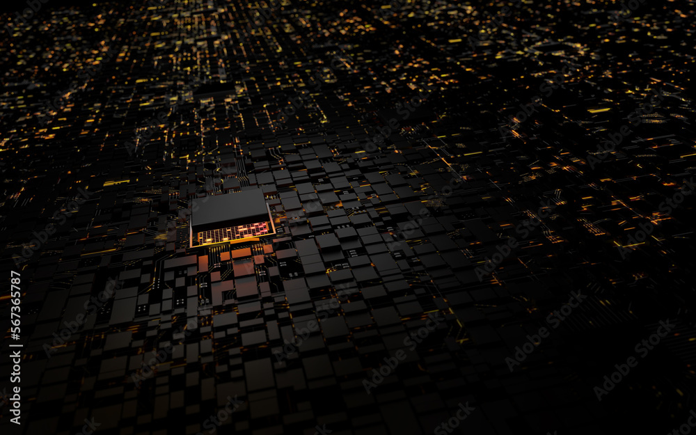 Poster 3D rendering microprocessor CPU chipset central processor unit on the illumination circuit computer mainboard. Cyber and futuristic concept, hardware, AI, electronics and technology, with copy space
