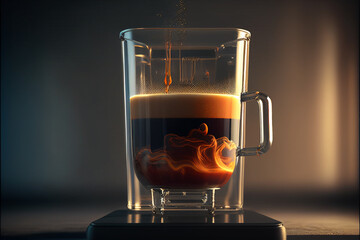 Coffee drinks, delicous espresso and cappuccino poured into coffee cup, coffee beans and other ingredients, AI