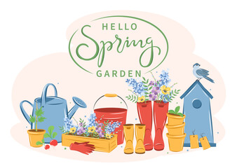 Gardening, growing plants, agricultural tools. Hello spring garden.  Vector illustration. © Tatiana Bass