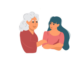 An elderly woman holds the hand of a teenage girl, grandmother and granddaughter, vector in cartoon style.