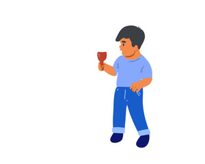 A little boy is standing with a children's shovel. Vector illustration