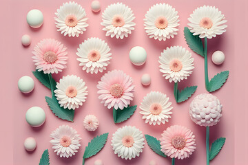 Flat lay Illustration concept white daisy flower, on the pastel 
pink background, 3D beautiful flowers are blooming, 
Valentine’s day, Spring season, Generative Ai