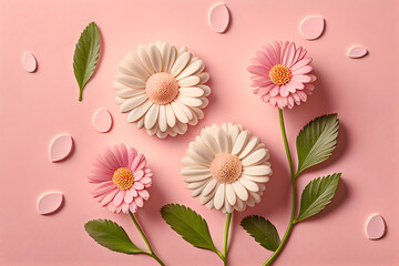 Flat lay Illustration concept white daisy flower, on the pastel 
pink background, 3D beautiful flowers are blooming, 
Valentine’s day, Spring season, Generative Ai