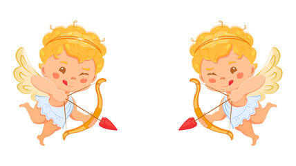 Two cute angels with bow and arrow for Valentine Day. The symbol of lovers. Vector illustration of flying cupids for postcard