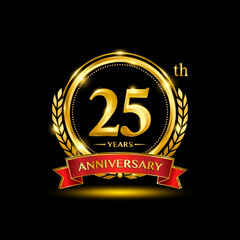 25th Anniversary logo. Golden anniversary logo design with laurel wreath and red ribbon. Logo Vector Illustration