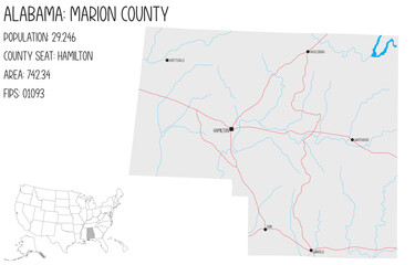 Large and detailed map of Marion county in Alabama, USA.