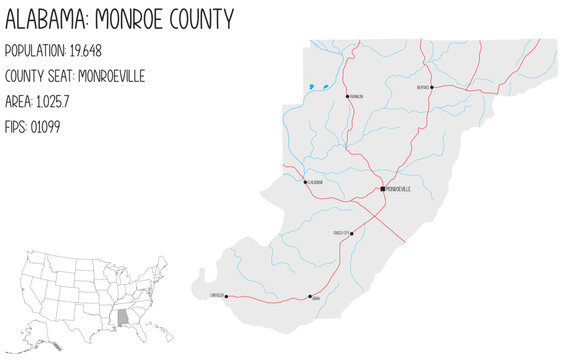 Large and detailed map of Monroe county in Alabama, USA.