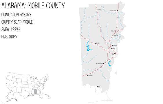 Large and detailed map of Mobile county in Alabama, USA.