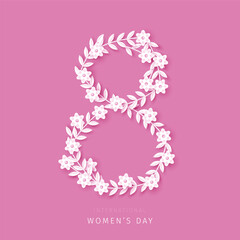 Women's day greeting card. White flowers on purple background. Paper cut style.