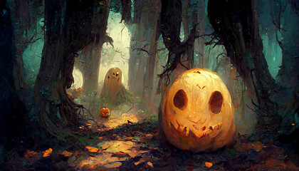 Pumpkin ghost in the forest illustration Generative AI Content by Midjourney