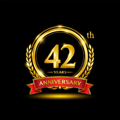 42th Anniversary logo. Golden anniversary logo design with laurel wreath and red ribbon. Logo Vector Illustration