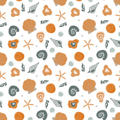 Seamless seashells pattern, Modern flat design with marine theme, Under the sea creatures background, Sea and ocean shells backdrop, Summer wallpaper, Great for fabric, wrapping paper, stationary
