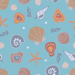Fototapeta premium Seamless seashells pattern, Modern flat design with marine theme, Under the sea creatures background, Sea and ocean shells backdrop, Summer wallpaper, Great for fabric, wrapping paper, stationary