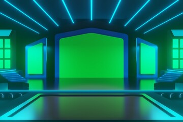 3d render, glowing lines, tunnel, neon lights, virtual reality, abstract background, square portal, arch, pink blue spectrum vibrant colors, laser show