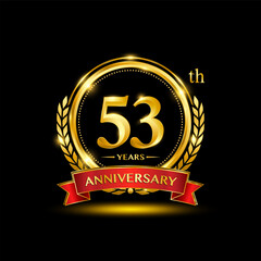 53th Anniversary logo. Golden anniversary logo design with laurel wreath and red ribbon. Logo Vector Illustration