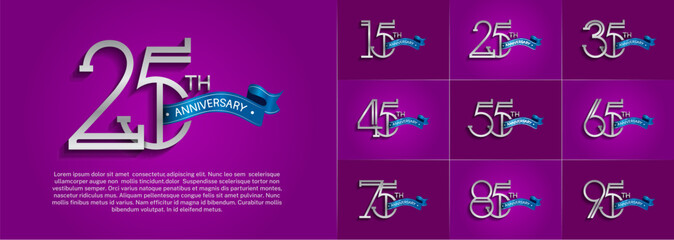 set of anniversary logotype silver color with blue ribbon on purple color background for special celebration event