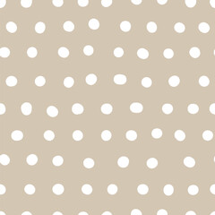 Seamless neutral polka dots pattern. White hand-drawn circles on beige background. Abstract lines of points ornament. Vector boho illustration for wallpaper, fabric, print, wrapping paper, textile