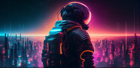 3D illustration of astronaut in futuristic neon lit cyberpunk city. Neon pink blue violet night astronaut. Generative ai. Illustration art. - obrazy, fototapety, plakaty