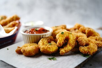 Homemade Popcorn shrimps breaded with cornmeal | Game day appetizer, selective focus