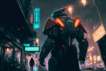 Sci fi bounty hunter  on a street with blurred neon lights at night. generative ai