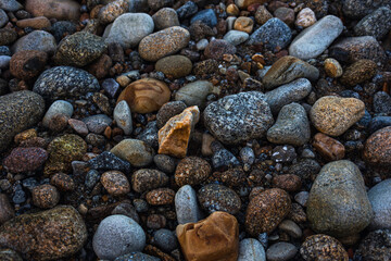A backdrop of coastal stones of different colors and shapes.