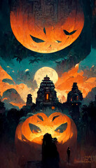 Mayan style halloween theme pumpkins ghosts in the dark night illustration Generative AI Content by Midjourney