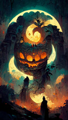 Fototapeta premium Mayan style halloween theme pumpkins ghosts in the dark night illustration Generative AI Content by Midjourney