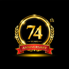 74th Anniversary logo. Golden anniversary logo design with laurel wreath and red ribbon. Logo Vector Illustration