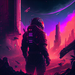3D illustration of science fiction space suit wearing character standing amid rubble in war torn futuristic city. Retrowave. Generative Ai.
