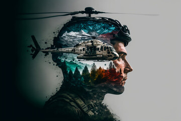 Double Exposure of a medic and a medic helicopter, Generative AI