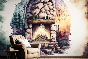 Fireplace Watercolor Painting, Generative AI