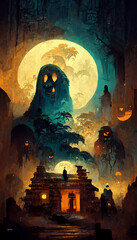 Mayan style halloween theme ghosts in the dark night illustration Generative AI Content by Midjourney