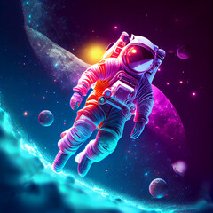 3D illustration of science fiction space suited figure among the stars in outer space. Retrowave. Astronaut floating above moon. Generative Ai