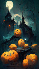 Halloween theme with pumpkins in the dark night illustration Generative AI Content by Midjourney