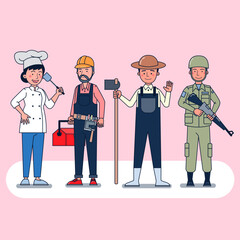 Collection of big set isolated various occupations or profession people wearing professional uniform, flat vector illustration.