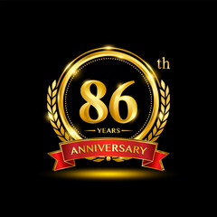 86th Anniversary logo. Golden anniversary logo design with laurel wreath and red ribbon. Logo Vector Illustration