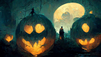 Halloween theme with pumpkins ghosts bats in the dark illustration Generative AI Content by Midjourney