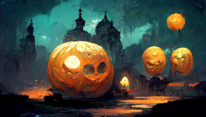 Halloween theme with pumpkins illustration Generative AI Content by Midjourney