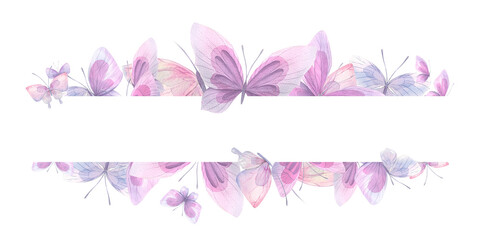 Fototapeta na wymiar Lilac, pink and blue butterflies Watercolor illustration. Composition from the collection of CATS AND BUTTERFLIES. For the design and decoration of prints, postcards, posters.